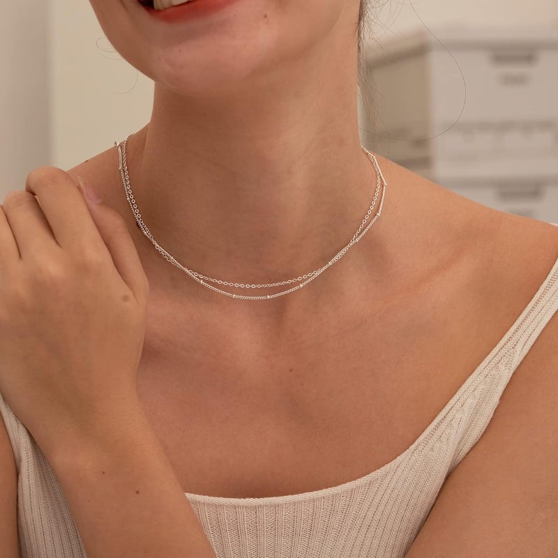 Tewiky Gold Chain Necklace for Women, 14k Gold Plated Thin Beaded Wave Box Chain Necklace Dainty Gold Necklace Simple Layered Gold Choker Necklaces Minimalist Gold Link Chain Necklace Trendy Jewelry for Women - Image 3